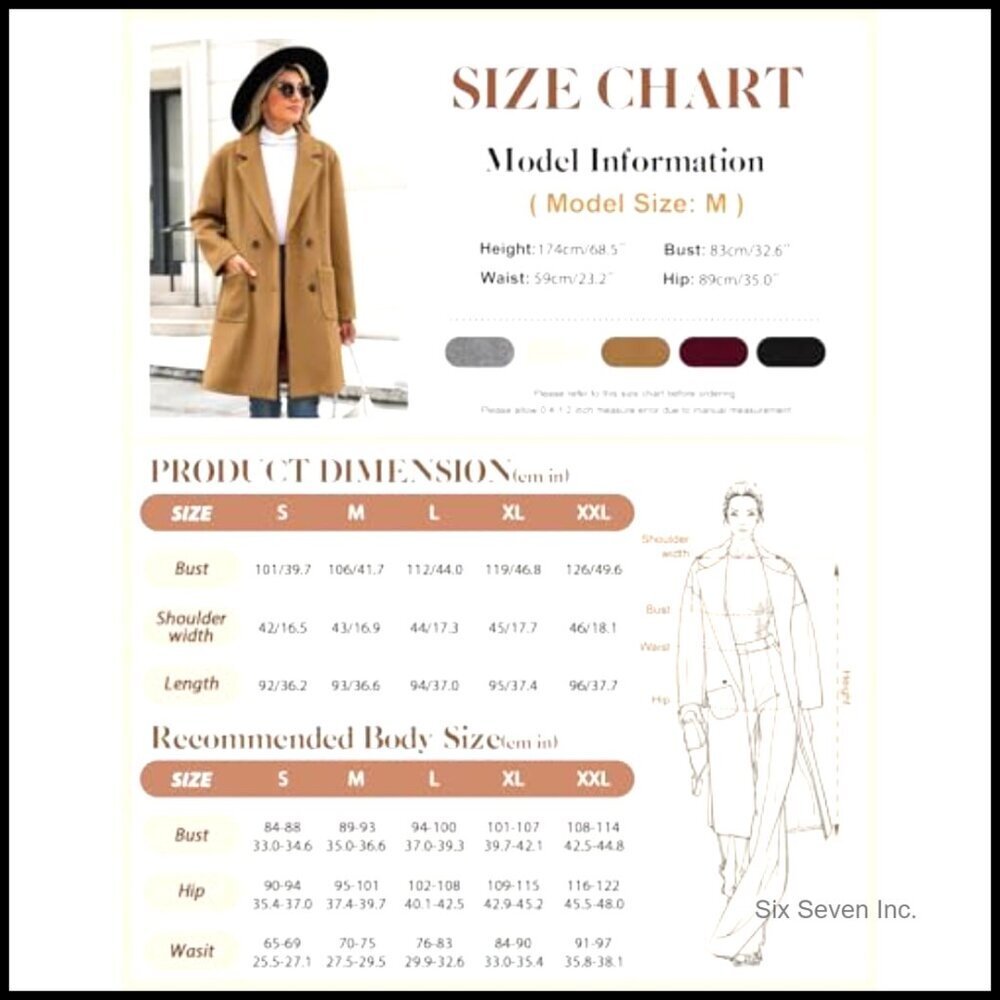 Wool Blend Double Breasted Pea Coat Notch Lapel Trench Coat - Picture 5 of 7